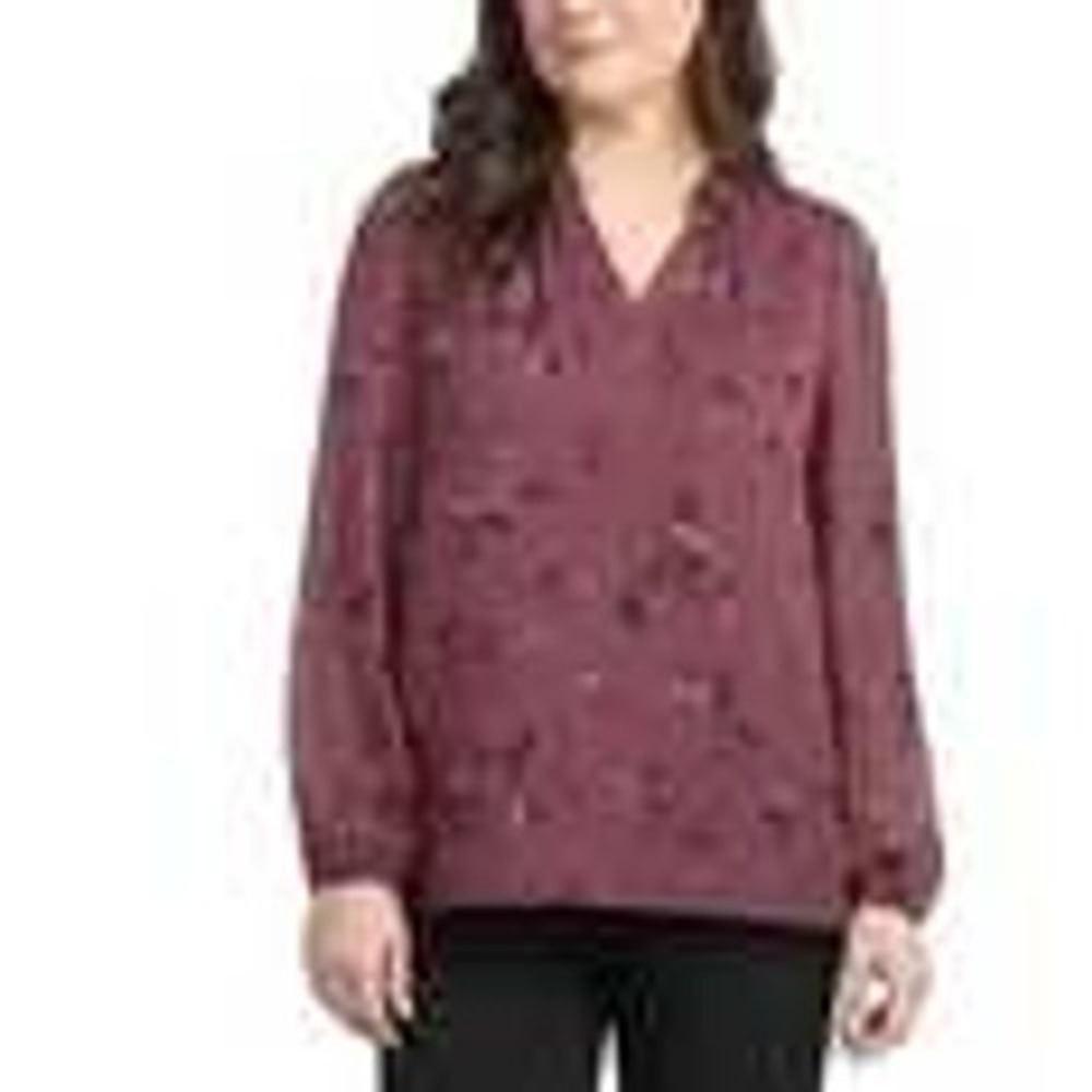 Hilary Radley Womens Long Sleeve Floral Split V-Neck‎ Blouse 2XL Burgundy Combo